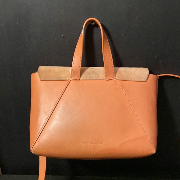 JANESSA LEONE Joan Suede & Leather Crossbody Satchel Bag in Camel Brown/Tan - Picture 4 of 12